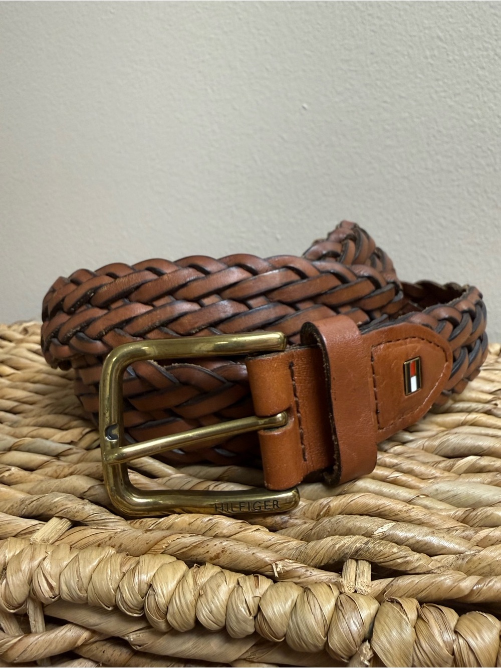 Tommy Hilfiger Braided Brown Genuine Leather Belt Brass Buckle Mens Size 50 52